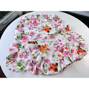 Vintage 70s decorative pillow covers, pink orange floral, ruffled, as a pair